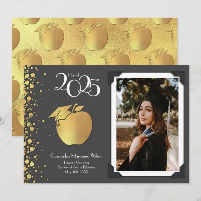 Invitación Gris de graduación de Oro de Educación Docente (Anverso / Reverso)