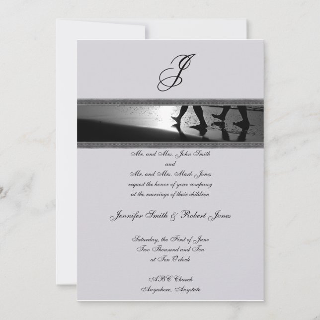 Invitación gris de la boda del monograma romántico (Anverso)