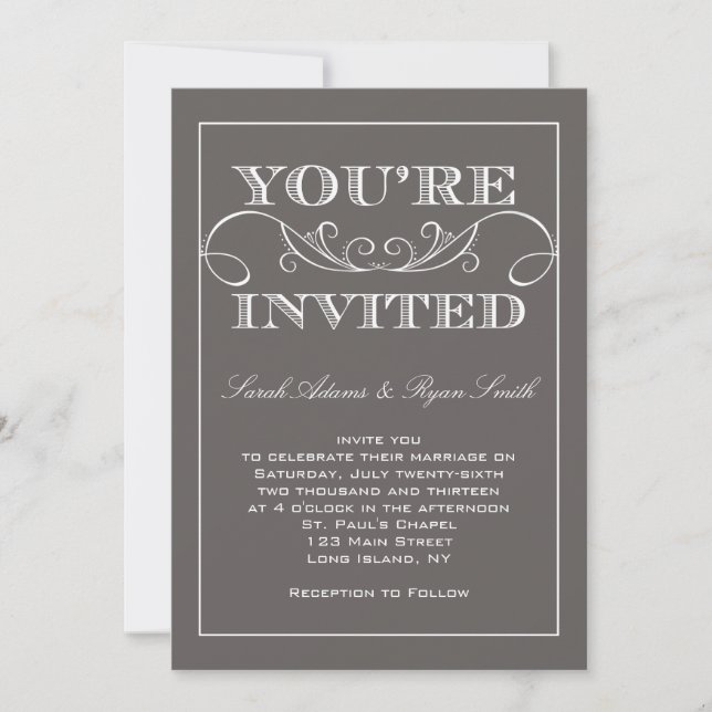Invitación gris de la boda del remolino moderno (Anverso)