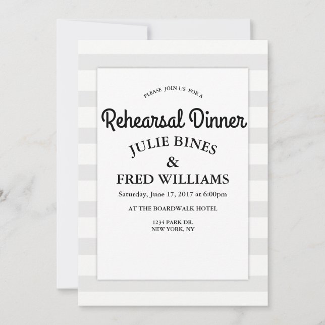 Invitación gris de la cena del ensayo de la raya (Anverso)