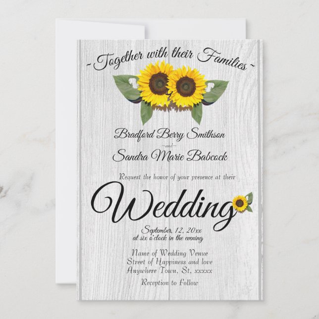 Invitación gris de madera de girasol Boda rústico (Anverso)