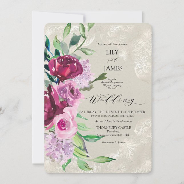 Invitación Gris decorativo de la cocina con rosas rosadas y d (Anverso)