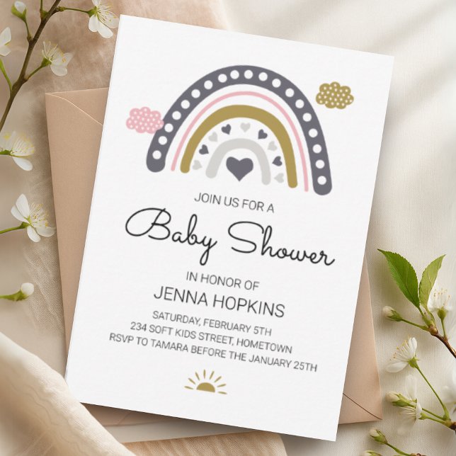Invitación gris del arco iris nórdico del Boho Bab (Boho Nordic Rainbow Baby Shower Grey Invitation)