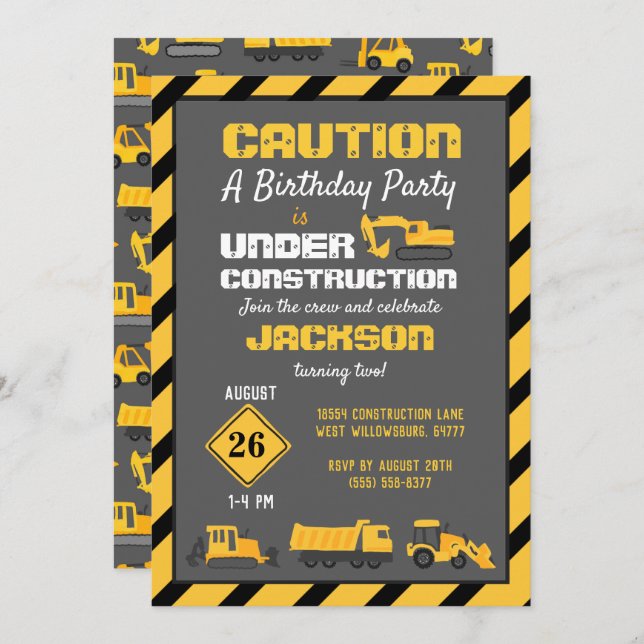 Invitación Gris del partido de cumpleaños en construcción (Anverso / Reverso)