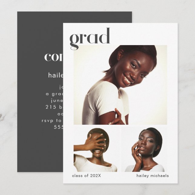Invitación Gris del partido de graduación de tres Collages de (Anverso / Reverso)