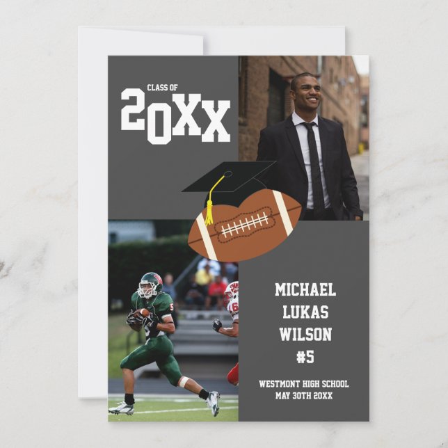 Invitación gris deportiva de graduación de fútbol (Anverso)