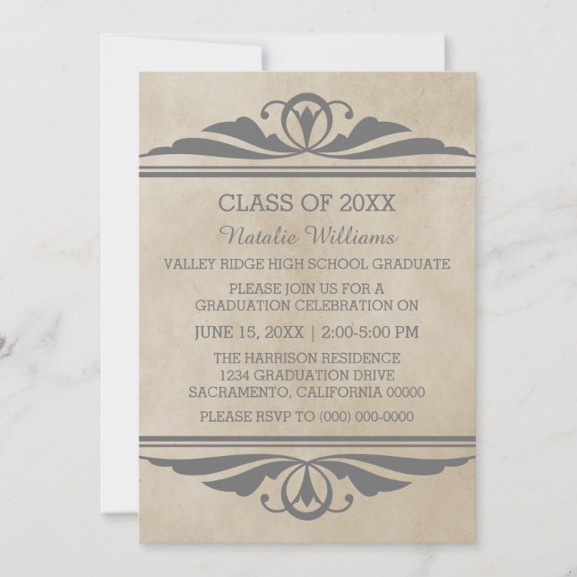 Invitación Gris Elegant Deco Graduación Invitado (Anverso)