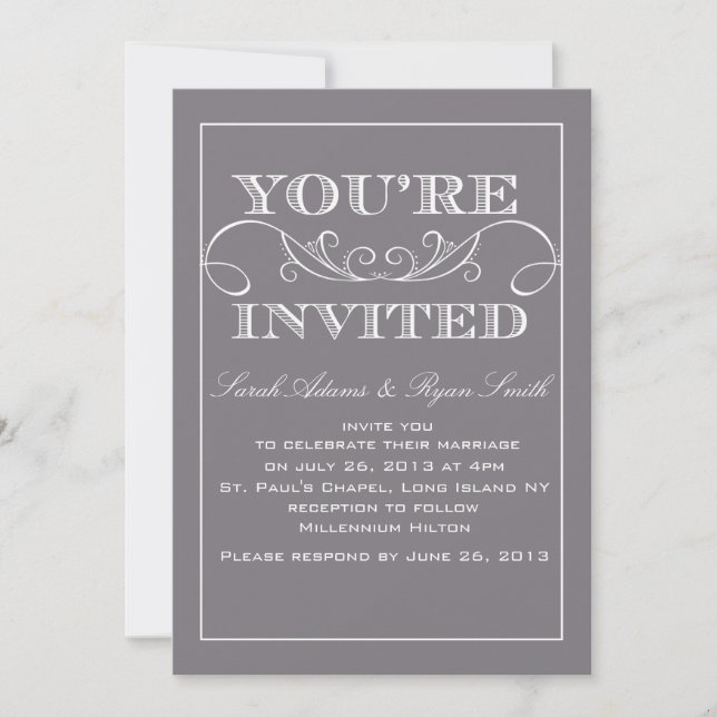 Invitación gris elegante de la boda (Anverso)