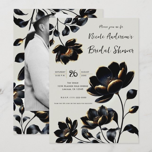 Invitación Gris floral negro y dorado ducha de novia (Anverso / Reverso)