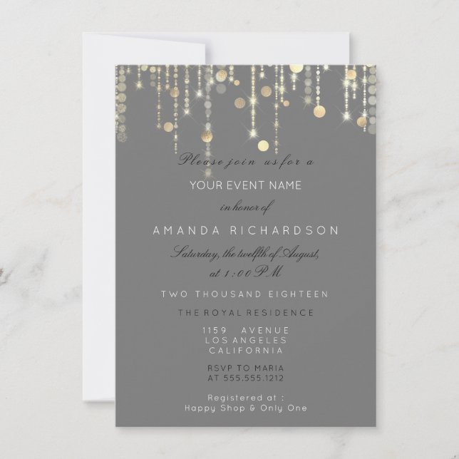 Invitación Gris Gold Drits Confetti Noche Cumpleaños (Anverso)