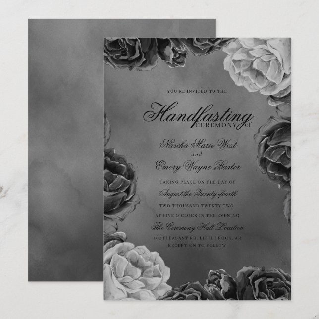 Invitación Gris Gótico Monocromo Elegante Manejo Floral (Anverso / Reverso)
