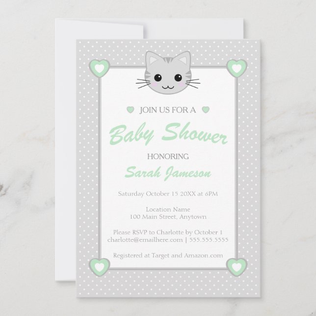 Invitación Gris Green Neutral Cute Kawaii Cat Baby Shower (Anverso)