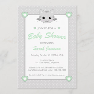 Invitación Gris Green Neutral Cute Kawaii Cat Baby Shower