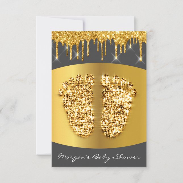 Invitación Gris gris gotea oro niño real de Baby Shower pies (Reverso)