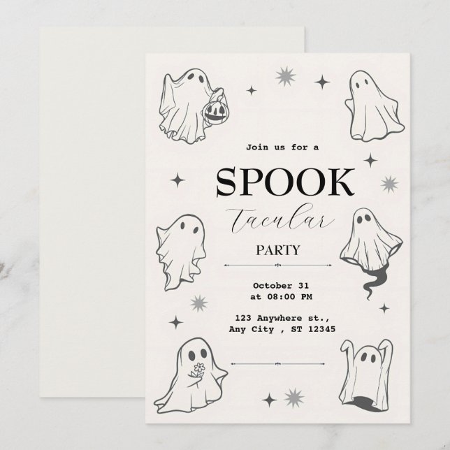 Invitación Gris Illustrated Ghost Halloween Party (Anverso / Reverso)