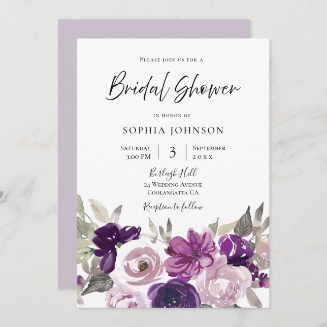 Invitación Gris invernal: ducha de novia floral de lavanda mo (Anverso / Reverso)