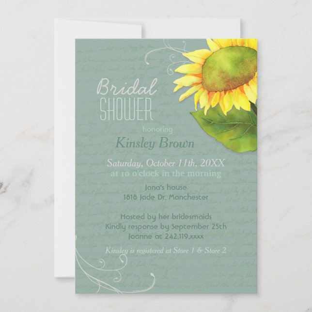 Invitación Gris Jade Sunflower Bridal Shower (Anverso)