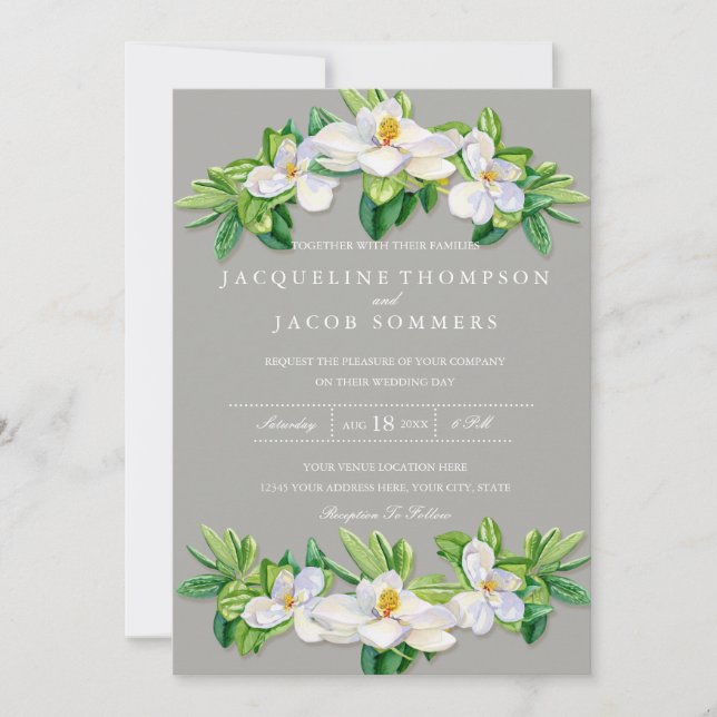 Invitación Gris Magnolia Blossom Floral Wreath Watercolor (Anverso)