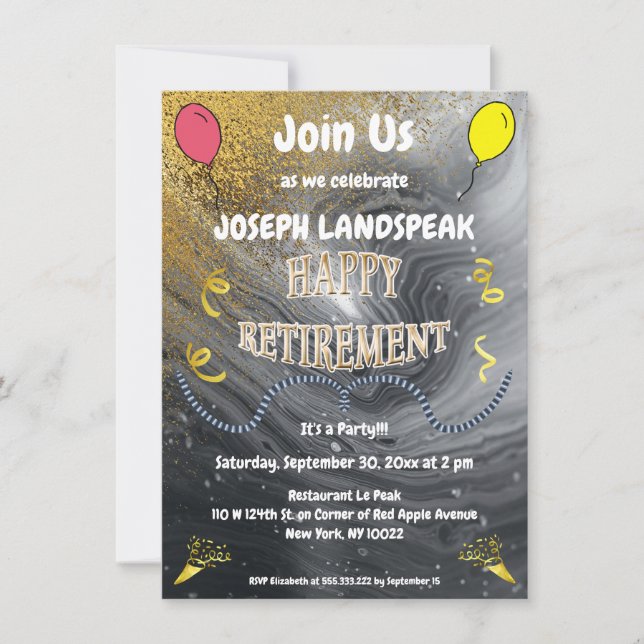 Invitación Gris Marble & Gold Streamers Feliz Jubilación (Anverso)