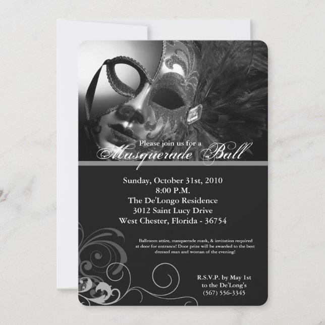 Invitación Gris Masquerade Máscara de bolas disfraz Halloween (Anverso)