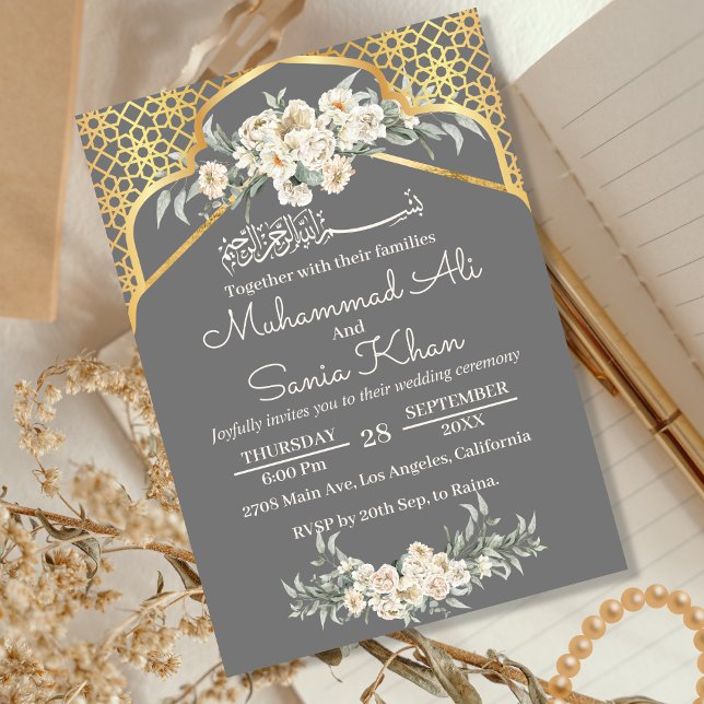 Invitación Gris Minimal Floral Gold Boda musulmana islámica (Subido por el creador)