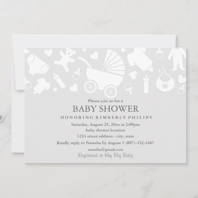 Invitación gris moderna a Baby Shower (Anverso)