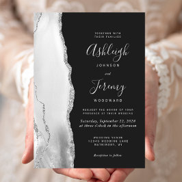 Invitación Gris Moderno Blanco Plata Agata Pizarra Boda