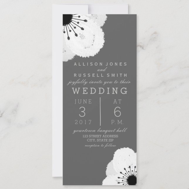 Invitación Gris moderno + Boda anémico blanco (Anverso)