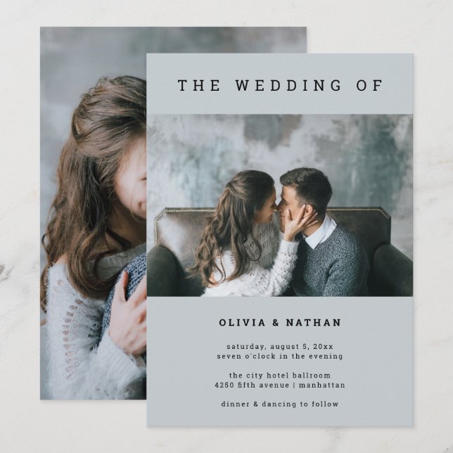 Invitación Gris moderno y mínimo | Dos Bodas fotográficos (Anverso / Reverso)