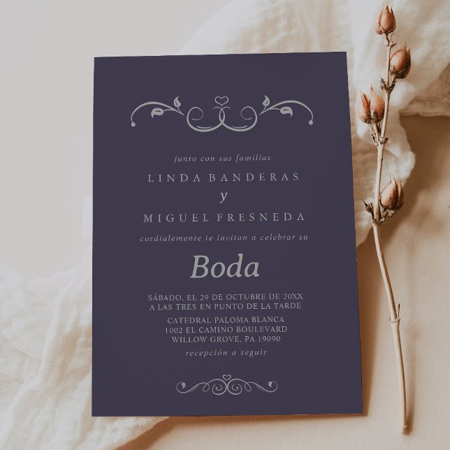 Invitación Gris morado elegante Boda Boda español (Subido por el creador)