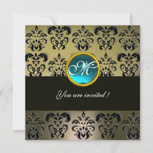 INVITACIÓN GRIS NEGRO DAMASCO MONOGRAMA, AQUAMARINA AZUL