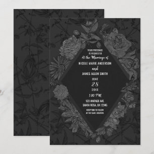 Invitación Gris Negro Elegante Diamante Flores Vintage Boda