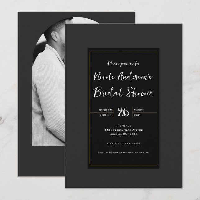 Invitación Gris Negro Oro Moderno Ducha Mínima Bridal (Anverso / Reverso)