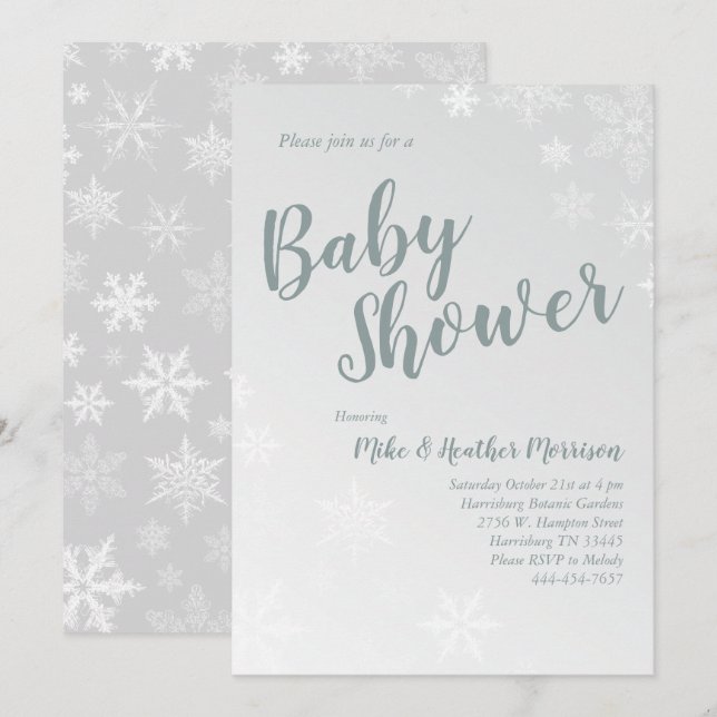 Invitación Gris neutro de género Baby Shower copo de nieve en (Anverso / Reverso)
