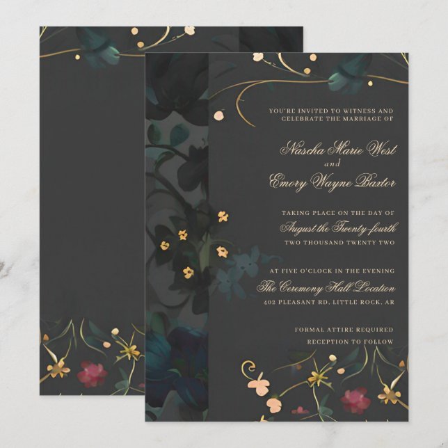 Invitación Gris oscuro Boho gótico Resumen Boda floral Invi (Anverso / Reverso)