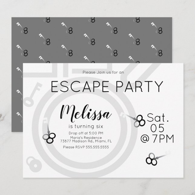 Invitación gris para fiesta de cumpleaños en escap (Anverso / Reverso)