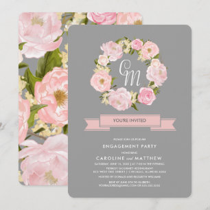 Invitación Gris Partido Compromiso de Wreath de Pink Peony