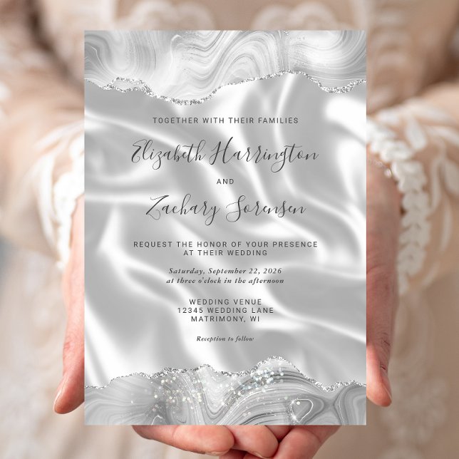 Invitación Gris Plata Ágata Blanco Seda Boda (Subido por el creador)