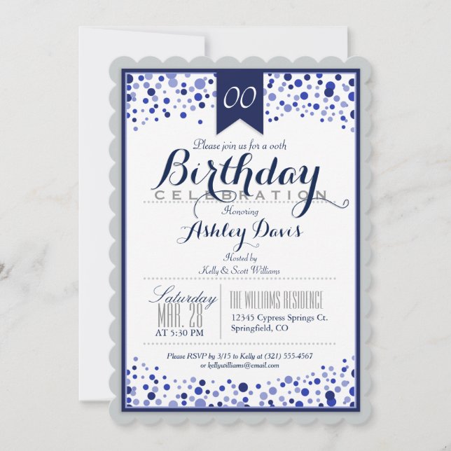 Invitación Gris plateado, blanco, fiesta de cumpleaños azul d (Anverso)