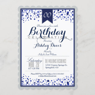 Invitación Gris plateado, blanco, fiesta de cumpleaños azul d