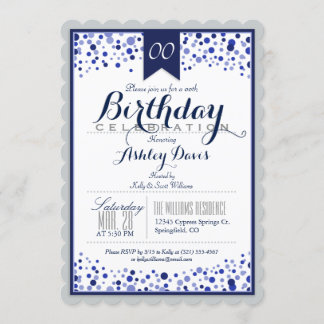 Invitación Gris plateado, blanco, fiesta de cumpleaños azul d