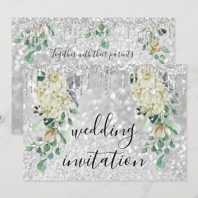 Invitación Gris plateado Glitte Boda Verde de la Fábrica de l (Anverso / Reverso)