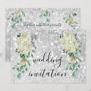 Invitación Gris plateado Glitte Boda Verde de la Fábrica de l