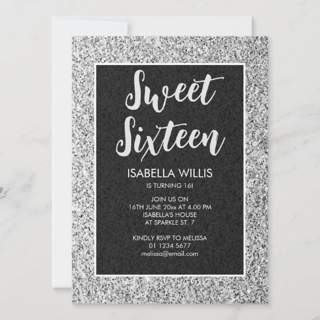 Invitación Gris plateado Gris Sweet 16 guión elegante (Anverso)