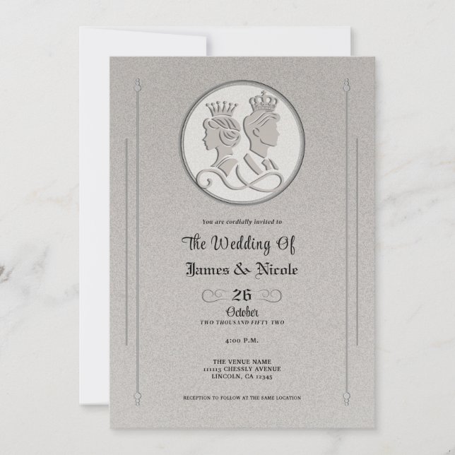 Invitación Gris plateado libro de cuentos rey Boda reina (Anverso)