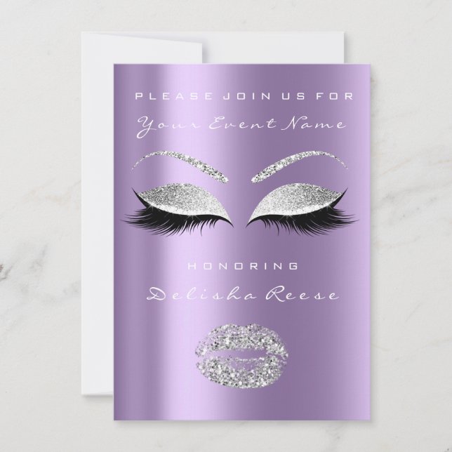 Invitación Gris plateado Lipas moradas Purpurina Dulce de nov (Anverso)