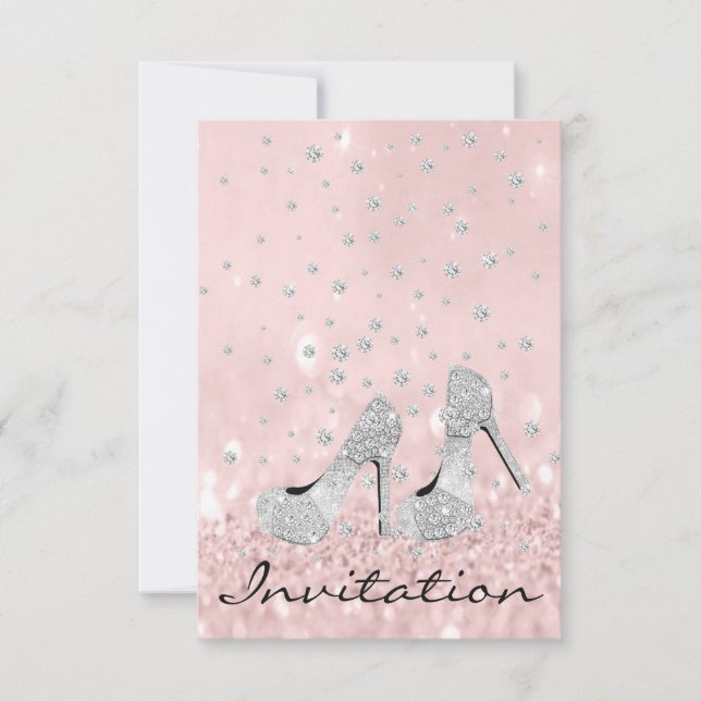 Invitación Gris plateado Rosa Diamante Zapatos Purpurina Novi (Anverso)