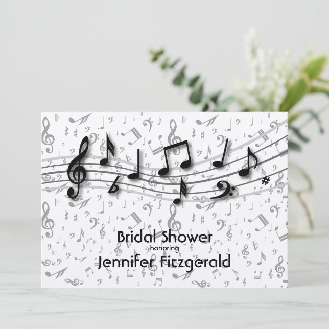 Invitación Gris plateado y música negra Notes Bridal Shower (Anverso de pie)