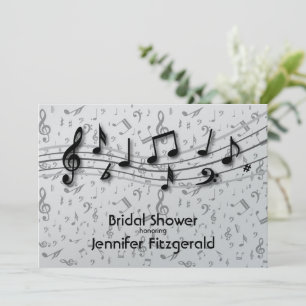Invitación Gris plateado y música negra Notes Bridal Shower