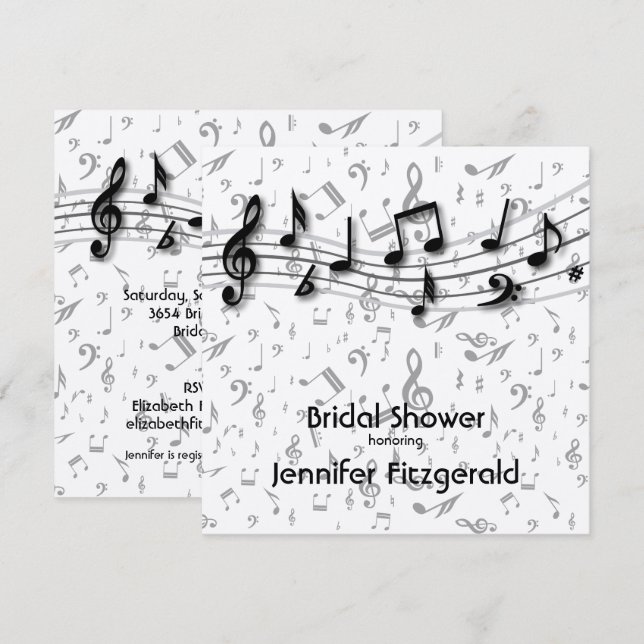 Invitación Gris plateado y música negra Notes Bridal Shower (Anverso / Reverso)